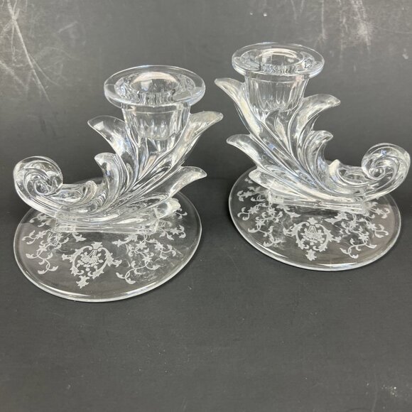 Pair Fostoria Navarre #327 Baroque 4" Taper Candle Holder Candleholder Vintage - Picture 1 of 7